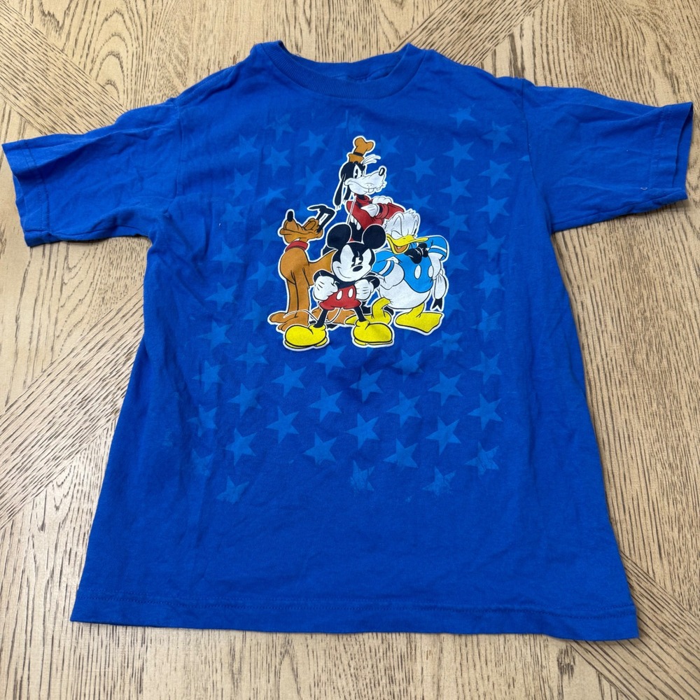 Disney Kids Size 7 Blue Star Mickey Mouse Donald Goofy Pluto Graphic T‎ Shirt